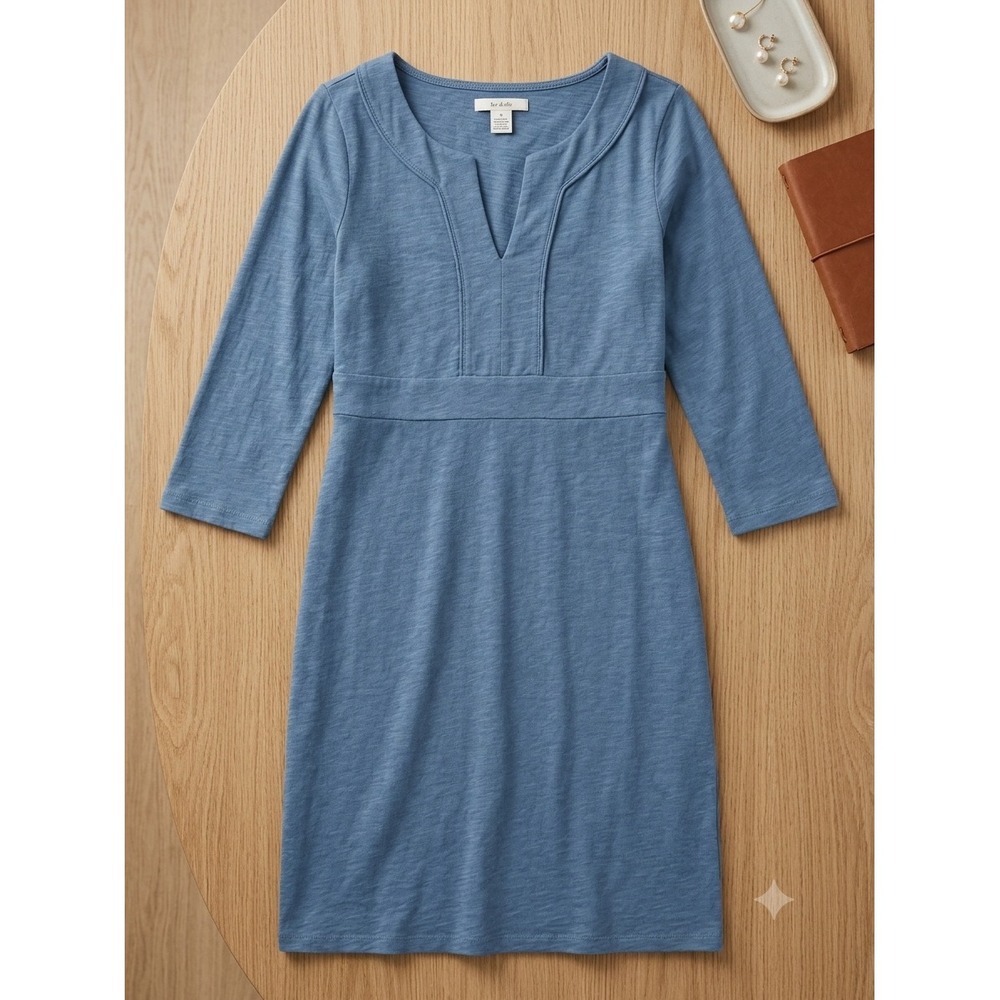 Boden Blue Slub Cotton Empire Waist Notched V-Neck Dress 3/4 Sleeve US 6R